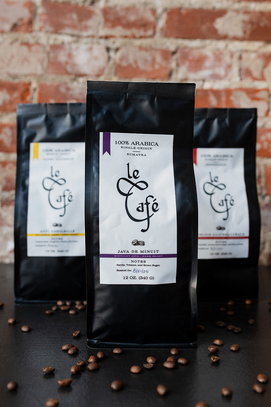 Le Café coffee bags including Java de Minuit Sumatra dark roast